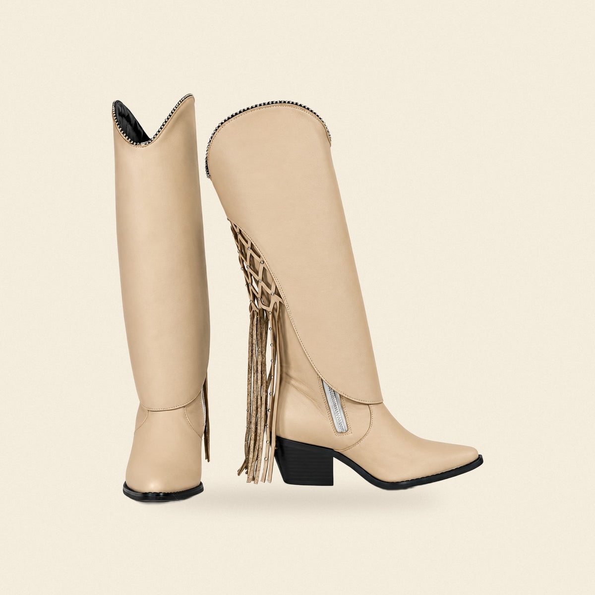 The Fringe Pearl — Leather Women's Cowboy Boot, front and side view