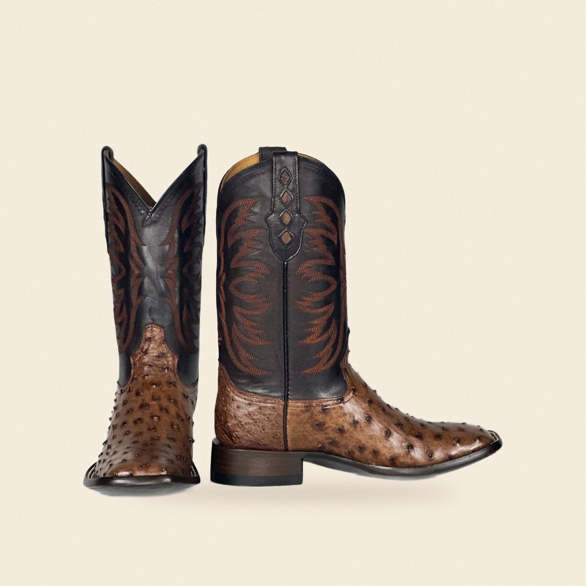 The Overton — Ostrich Square Toe Men's Cowboy Boot, front and side view