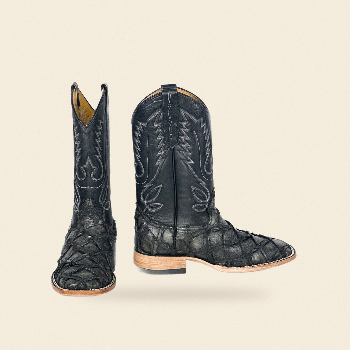The Bastrop — Fish Skin Square Toe Men's Cowboy Boot, front and side view