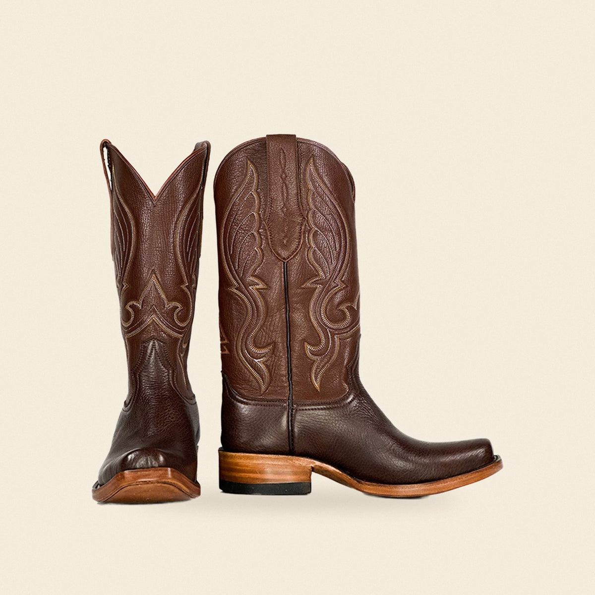 The Stonewall — Deer Leather Round Toe Men's Cowboy Boot, front and side view