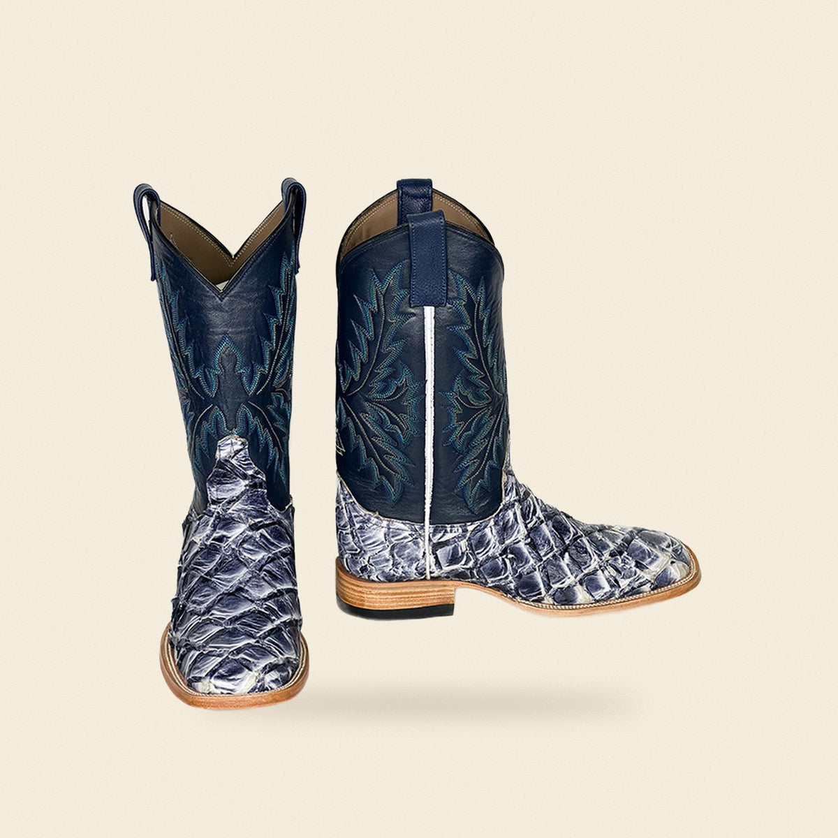 The Bluffton — Fish Skin Square Toe Men's Cowboy Boot, front and side view