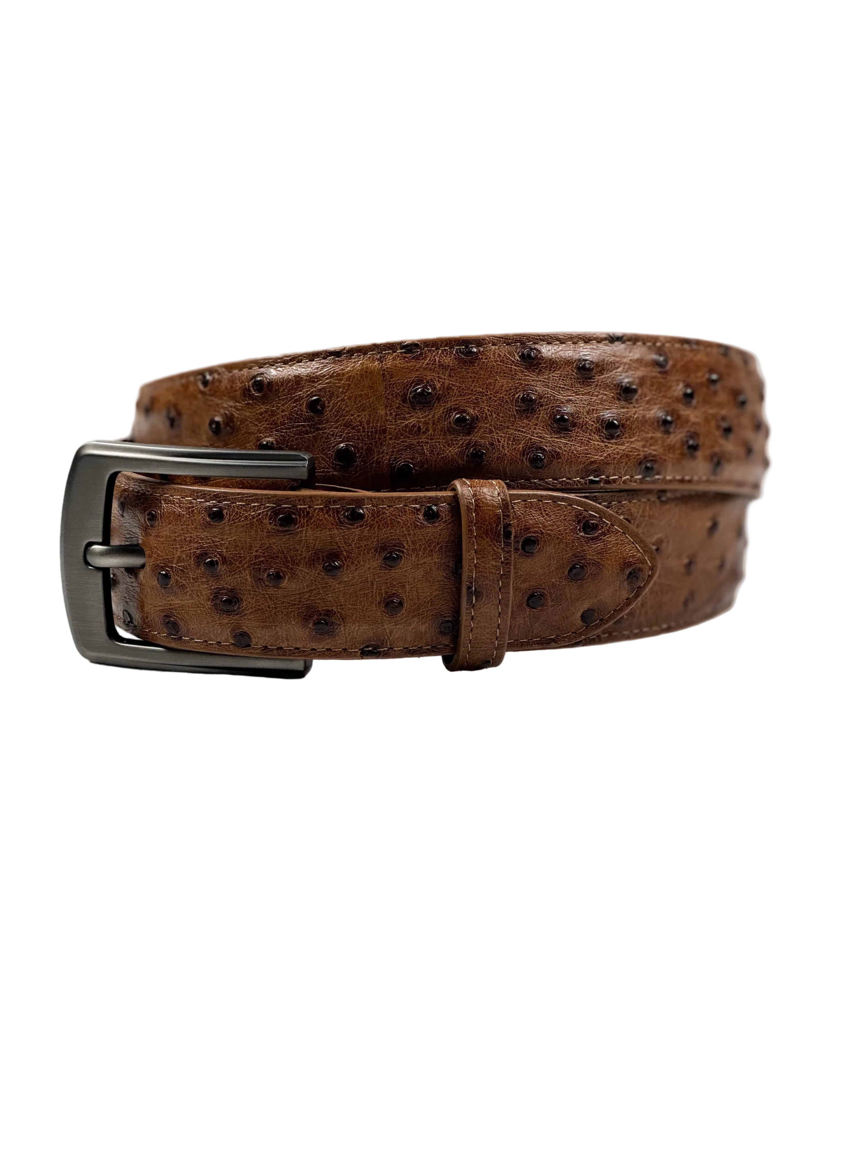 Brown ostrich-patterned belt with a stainless steel buckle