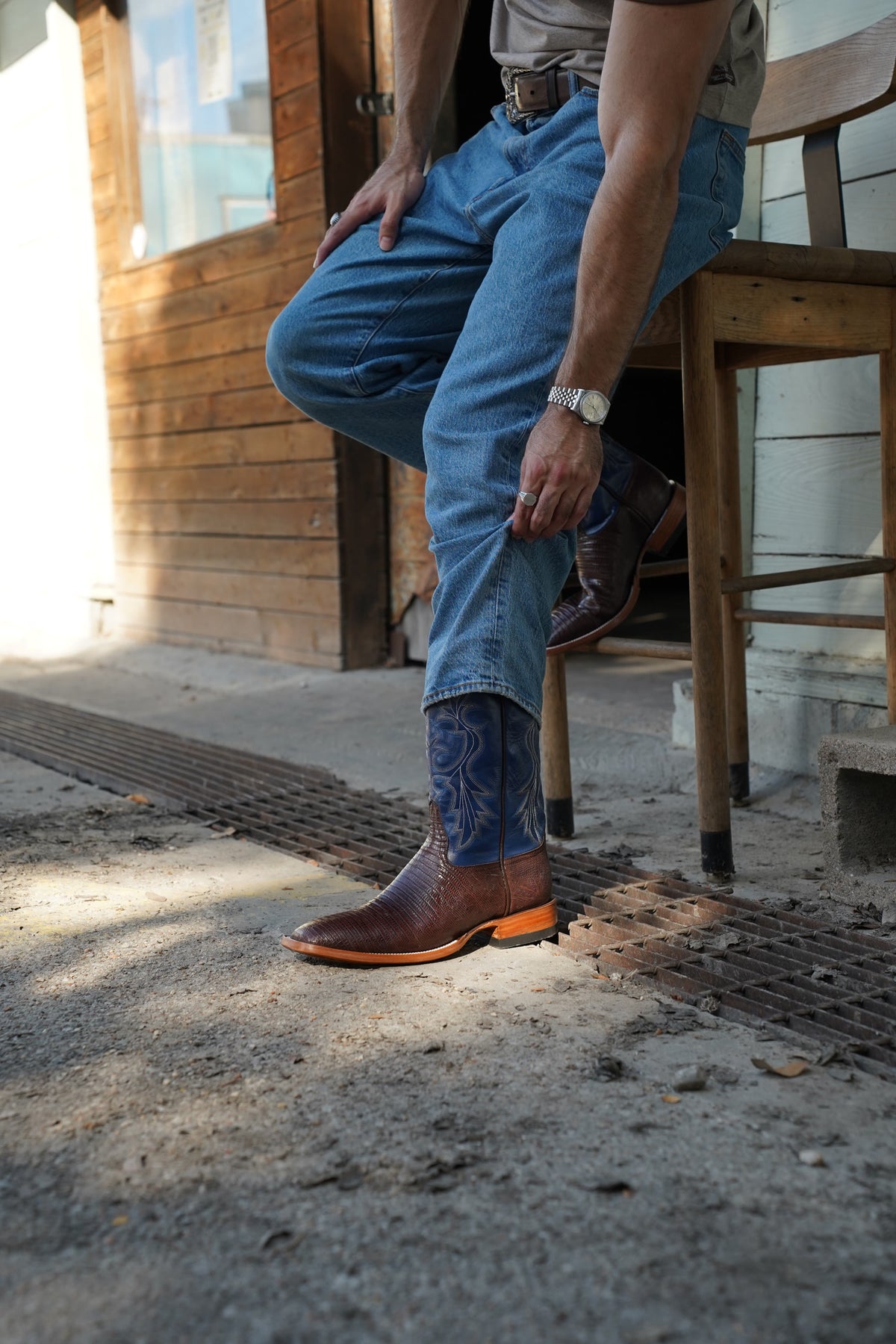 Dave adjusting The Wharton boot, blue shaft showing