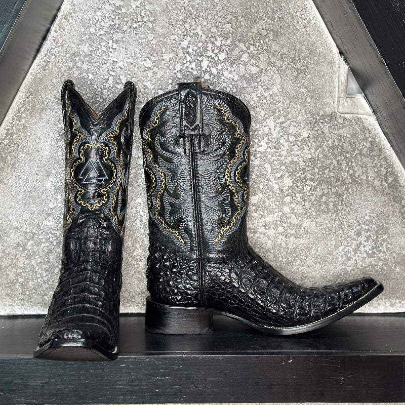 Ornament Croc Dark Boots — side view of handmade western boots