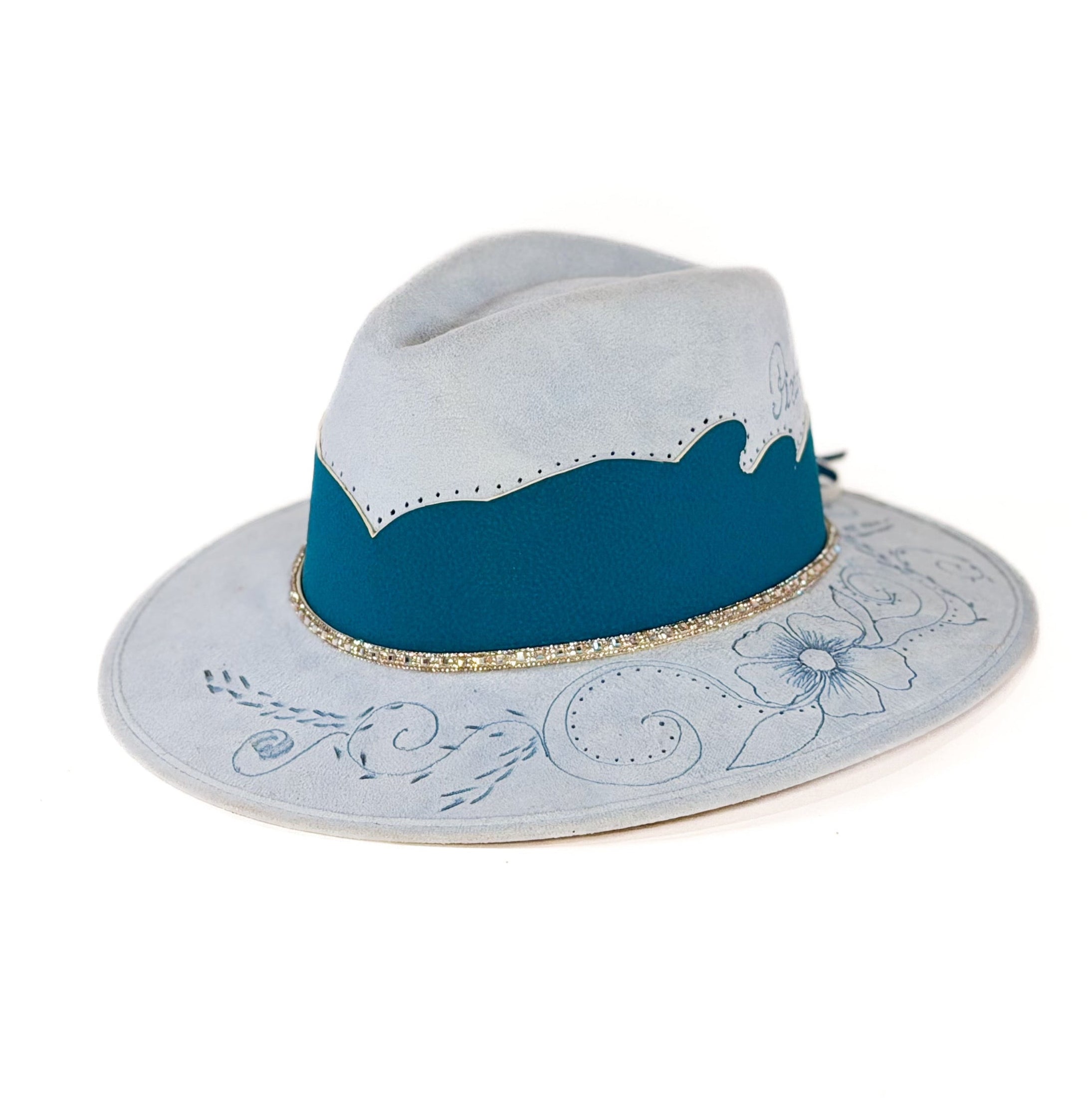 Corbin Celeste Hat — side view of Cuadra Piedreros cap