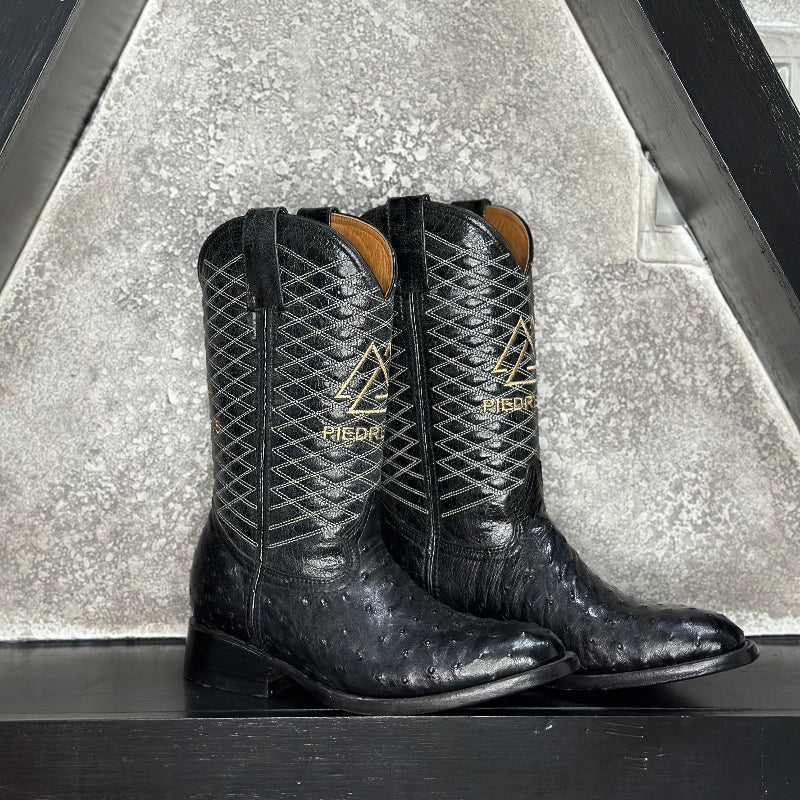 Black Ostrich Grid Boots — handmade ostrich boots by Cuadra Piedreros
