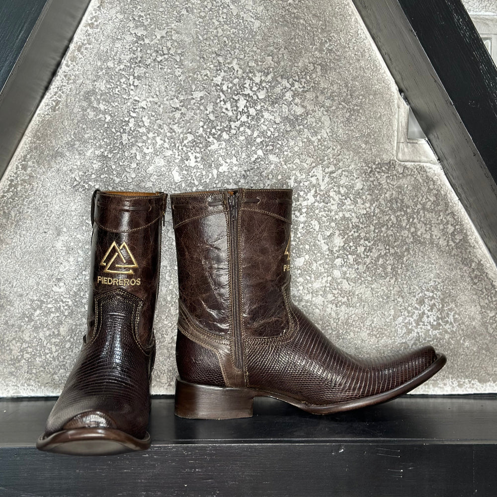 Dark Brown Lizard Boots — side view of handmade lizard boots