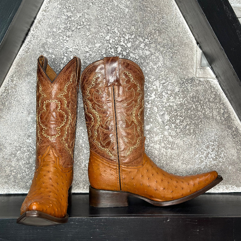 Honey Ostrich Boot — side view of handmade ostrich boots
