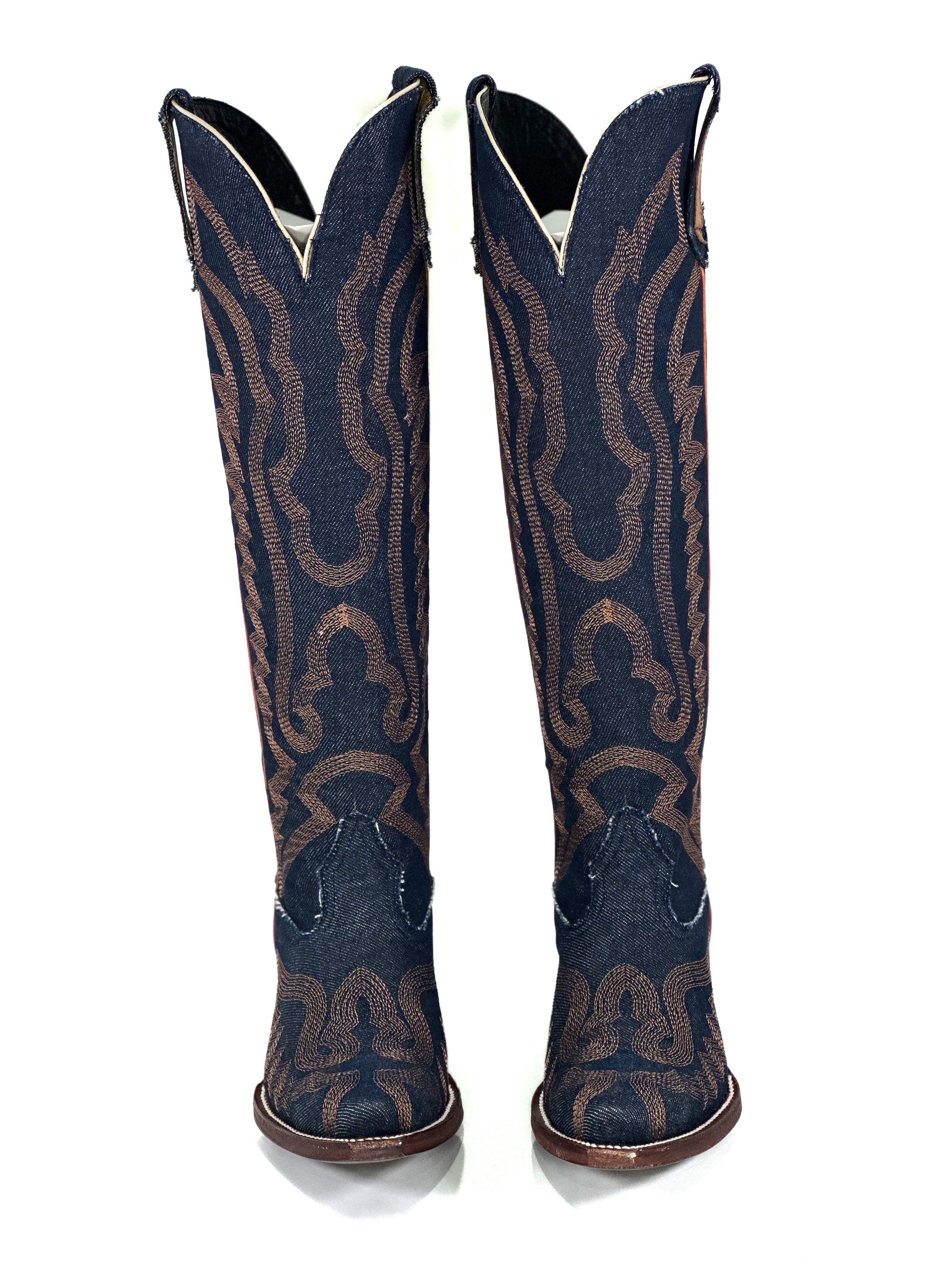 Mariana denim Boots — side view of handmade western boots