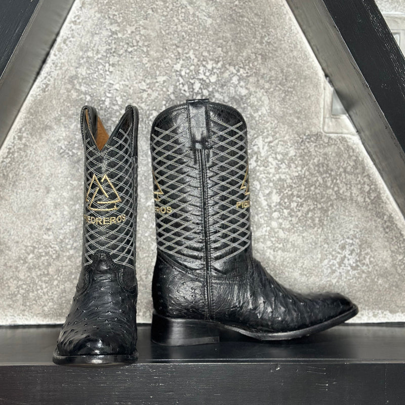 Black Ostrich Grid Boots — side view of handmade ostrich boots