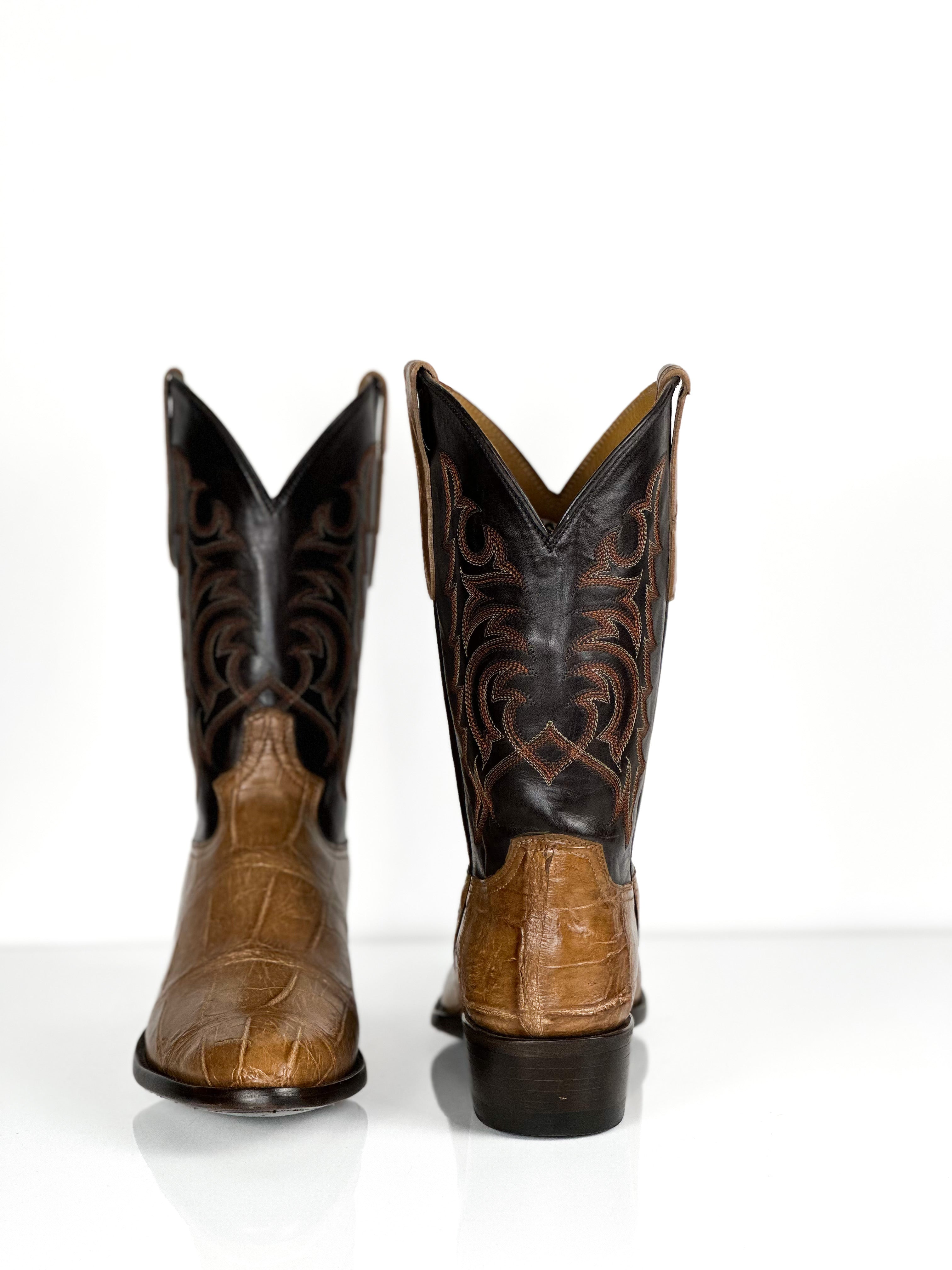 Alligator- Caramel Stitch Boot — angled view of handmade American Alligator boots