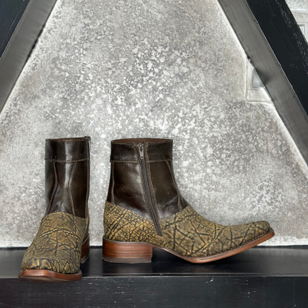 Olive Square Boots — side view of handmade western boots