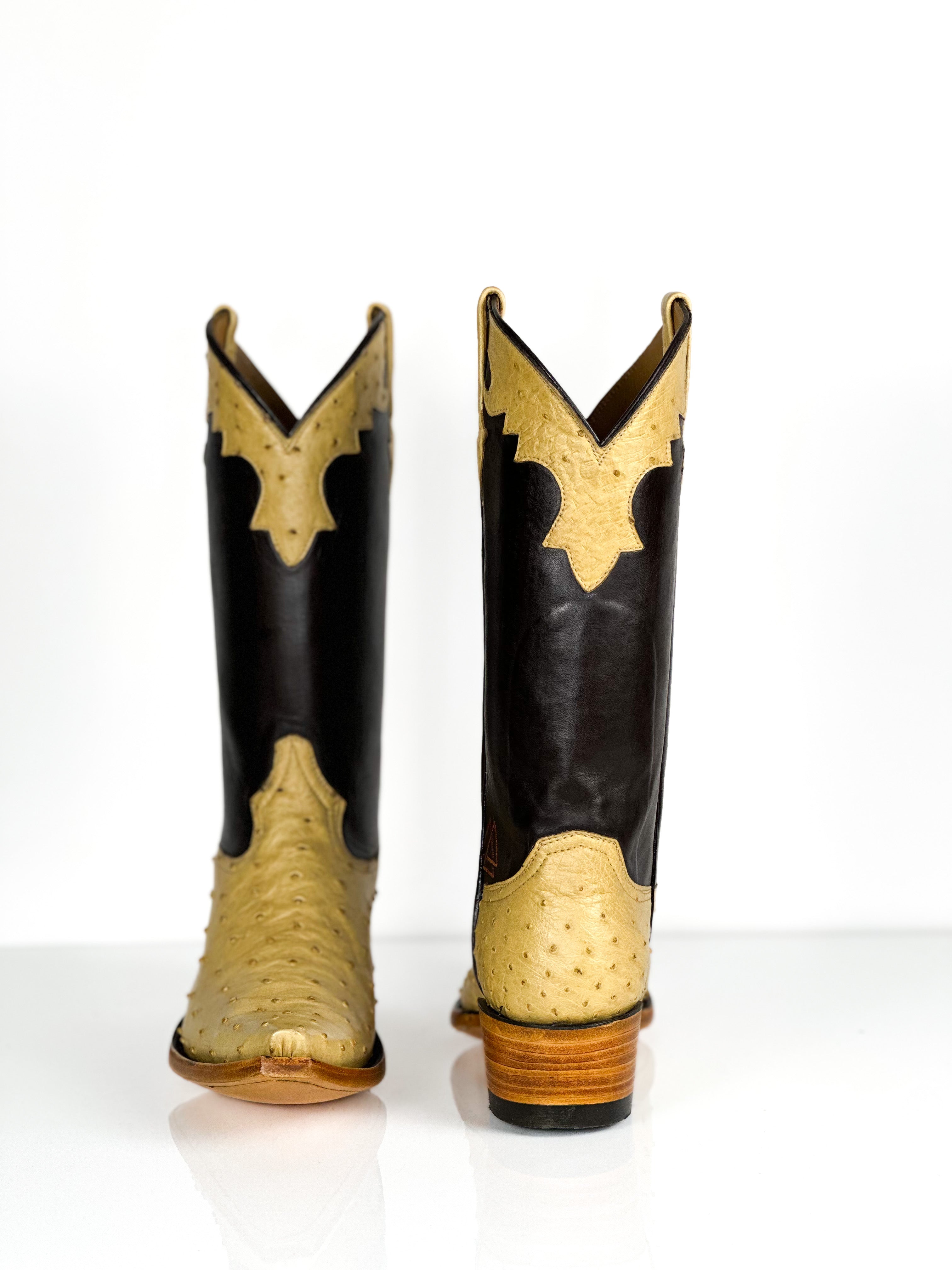 Ostrich- Dahlia boot — angled view of handmade ostrich boots