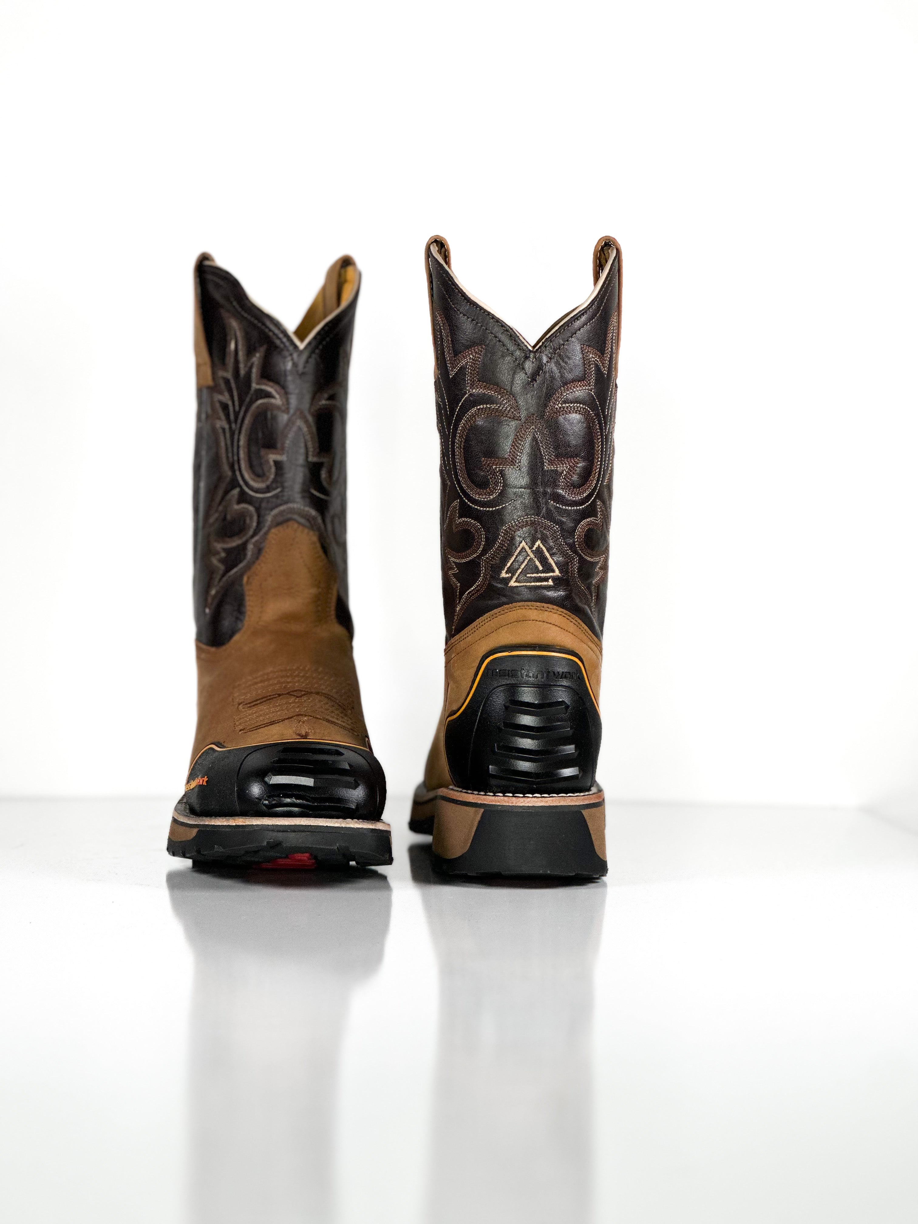 Composite toe work boot — angled view of handmade western boots