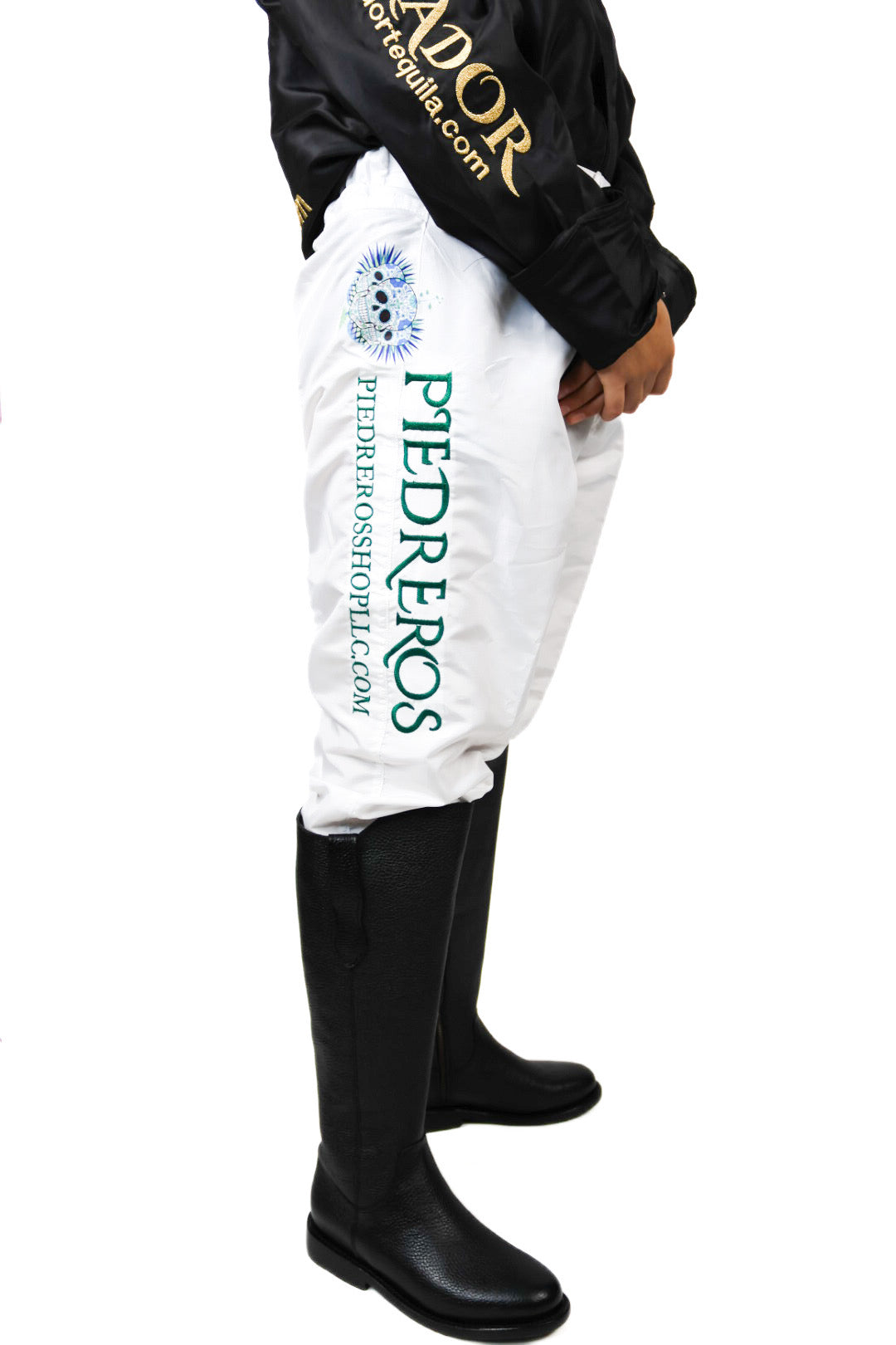 Piedreros blue triple skull white and green jockey pants