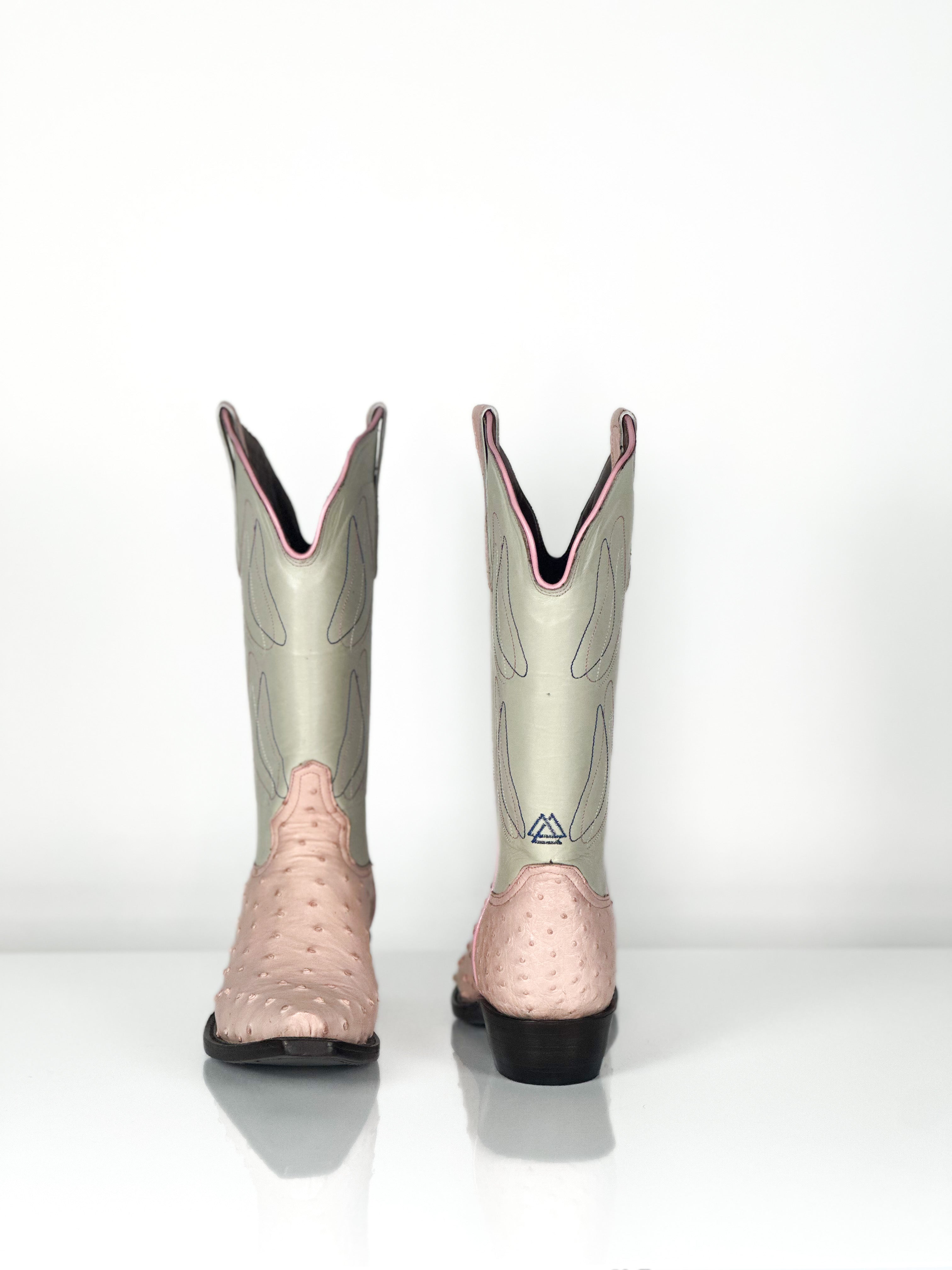 Pink Blossom Boots — angled view of handmade western boots