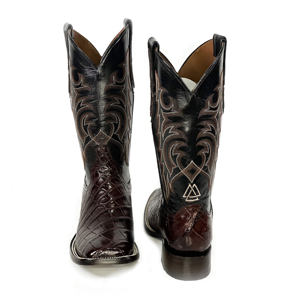 American Alligator- Black Cherry Boot — angled view of handmade American Alligator boots
