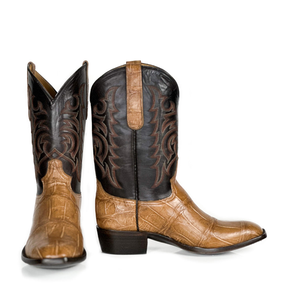 Alligator- Caramel Stitch Boot — side view of handmade American Alligator boots
