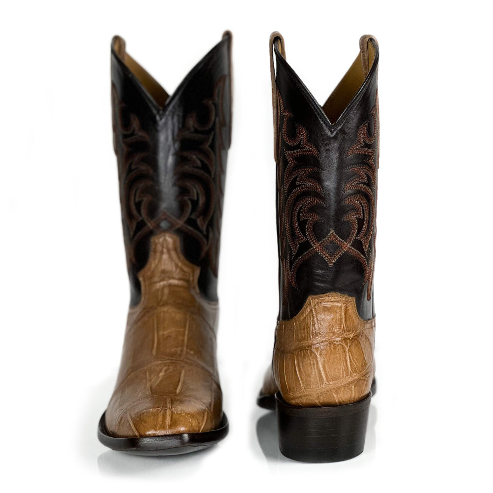 Alligator- Caramel Stitch Boot — angled view of handmade American Alligator boots