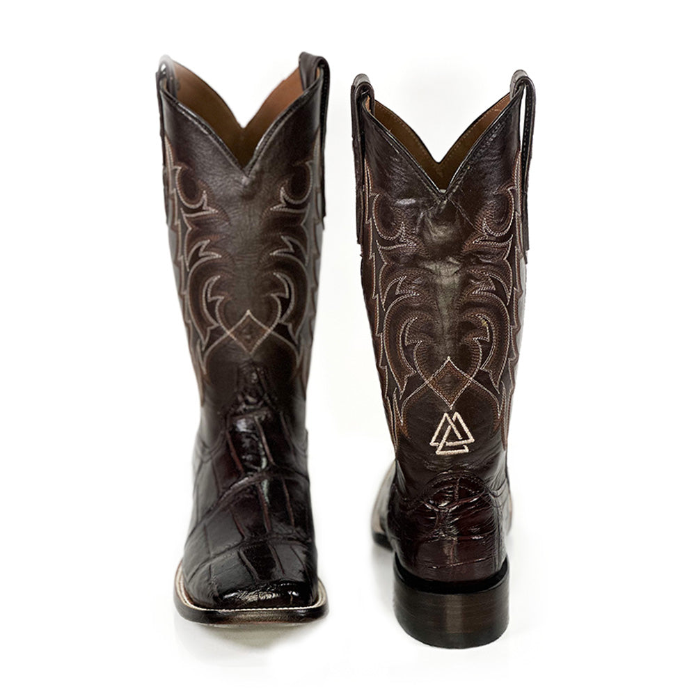 American Alligator -Cherry Brown Boot — angled view of handmade American Alligator boots