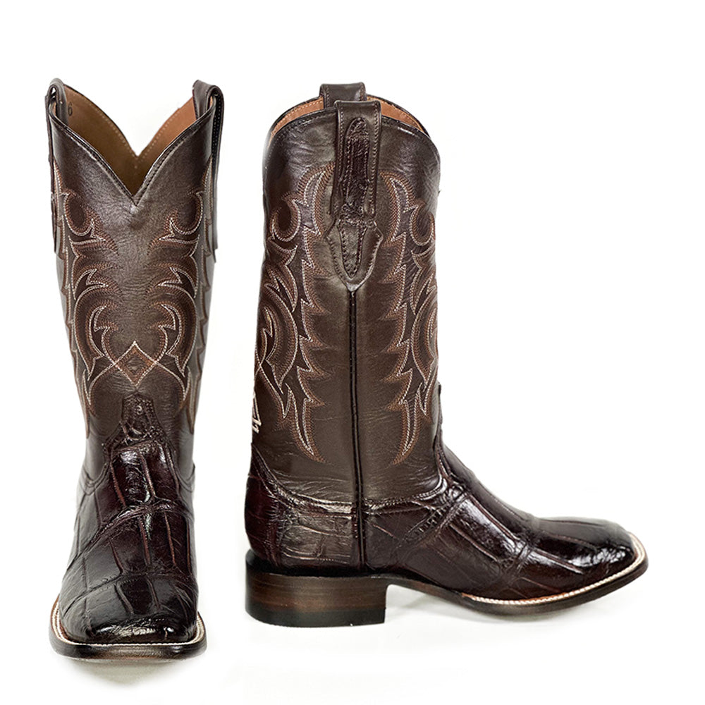 American Alligator -Cherry Brown Boot — side view of handmade American Alligator boots