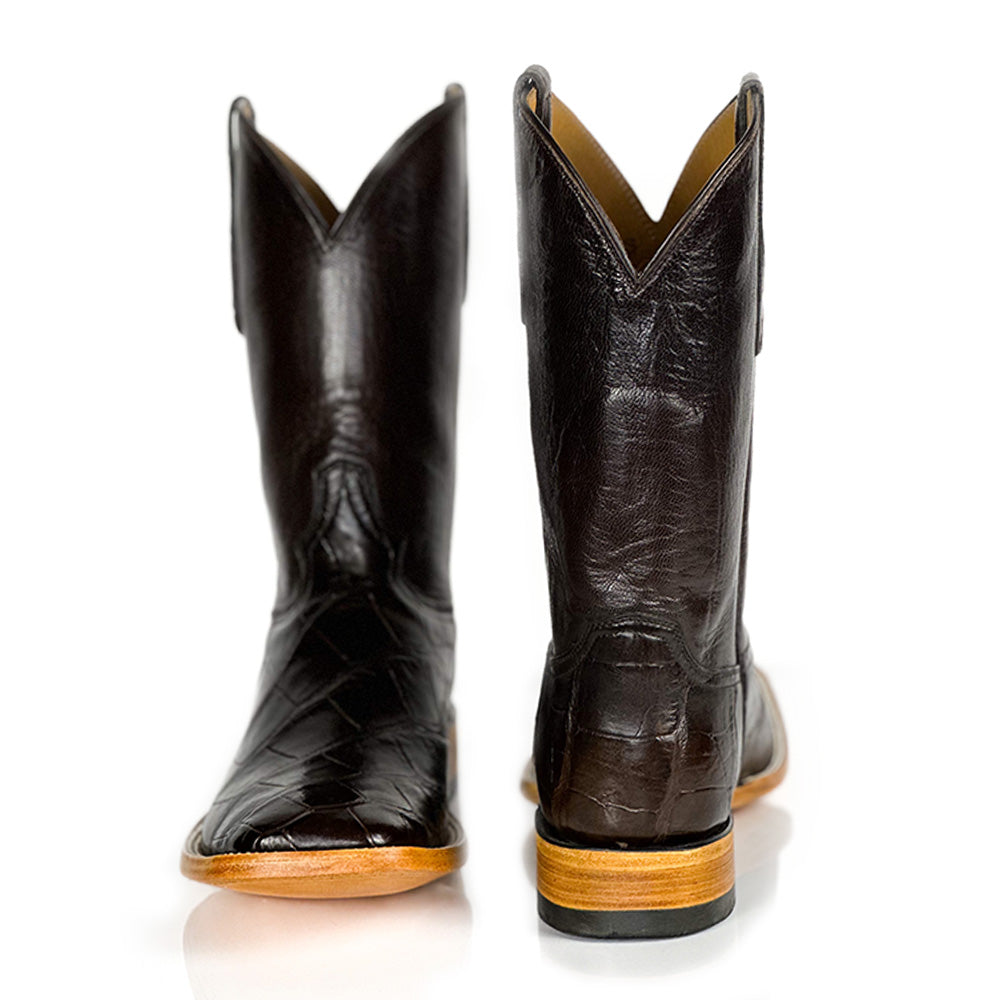 American Alligator -Choco Silk Boot — angled view of handmade American Alligator boots