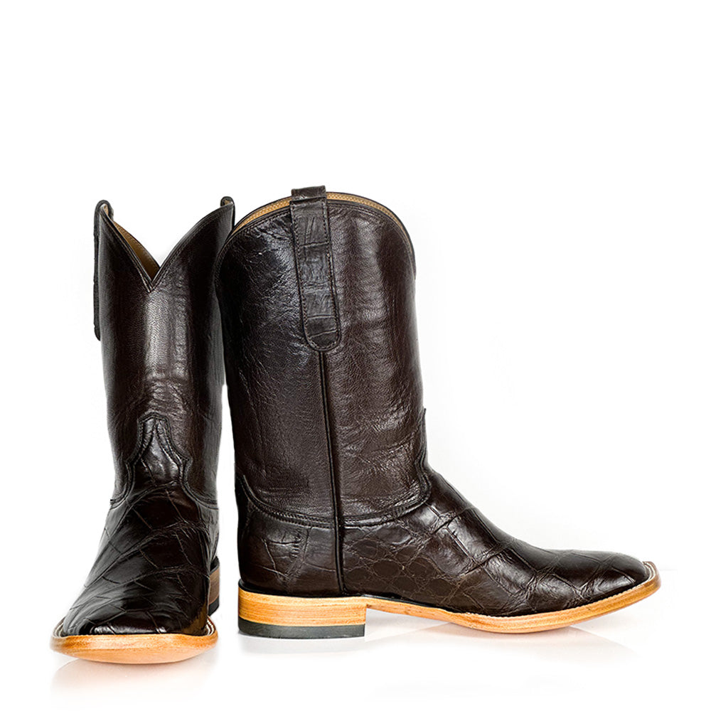 American Alligator -Choco Silk Boot — side view of handmade American Alligator boots
