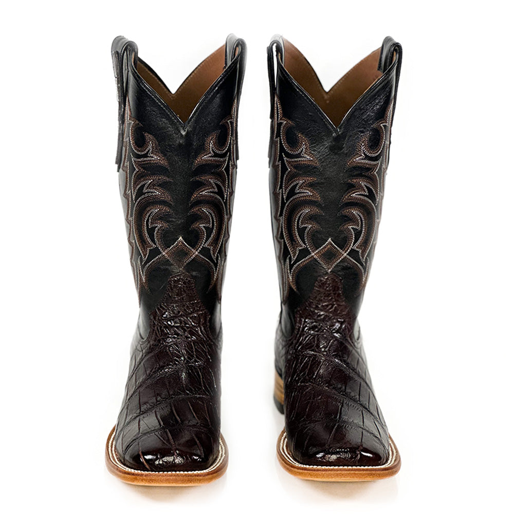 American Alligator- Choco Silk Natural Boot — detail shot of handmade American Alligator boots