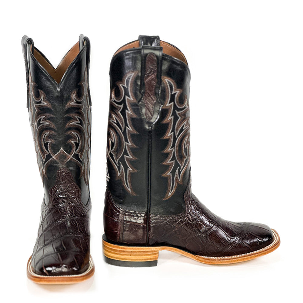 American Alligator- Choco Silk Natural Boot — side view of handmade American Alligator boots