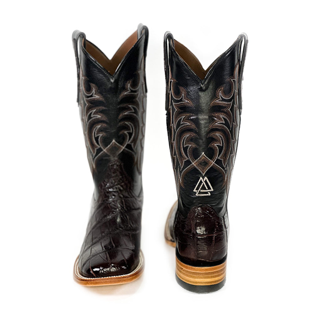 American Alligator- Choco Silk Natural Boot — angled view of handmade American Alligator boots