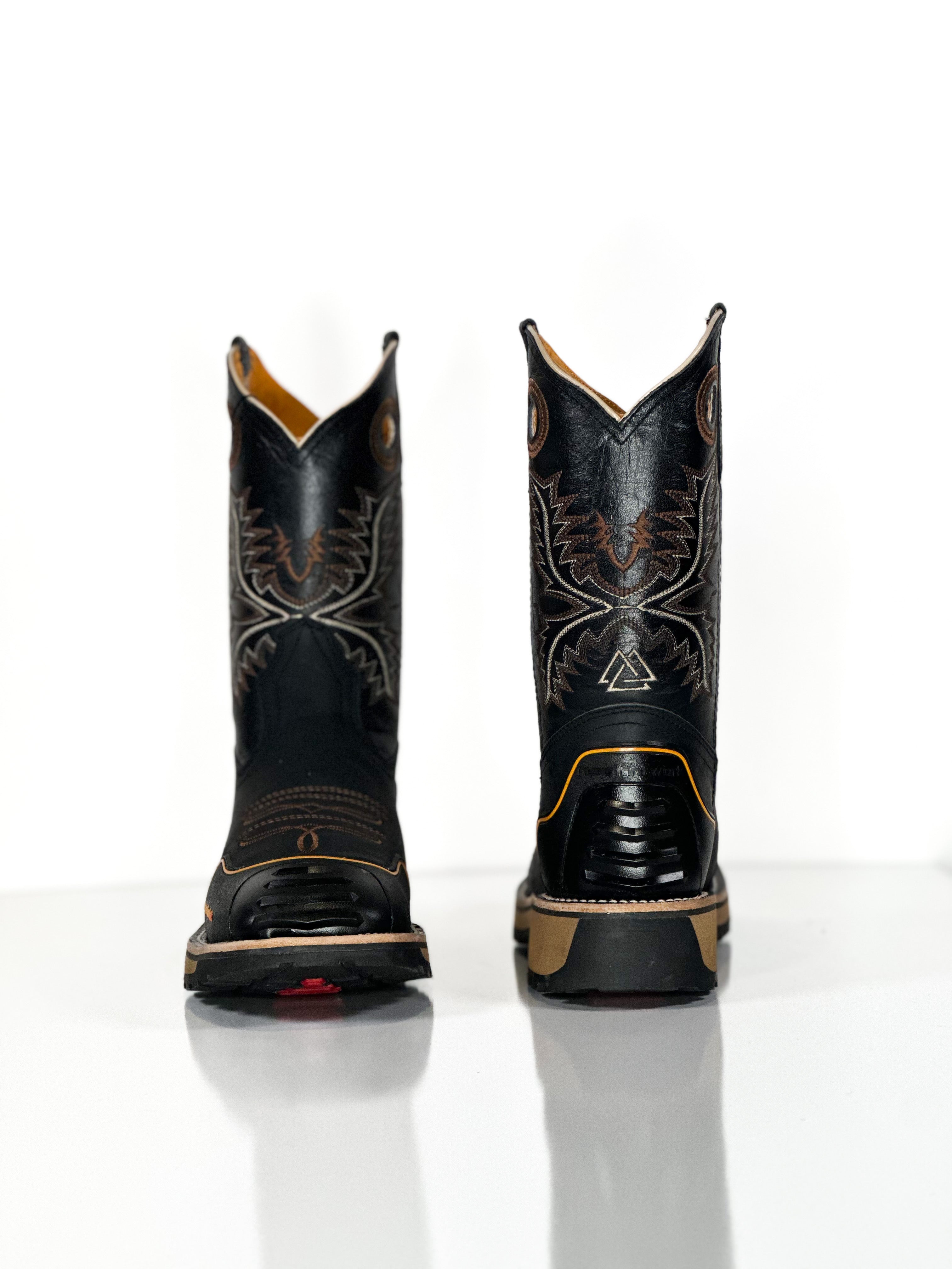 Composite toe work boot Black — angled view of handmade western boots