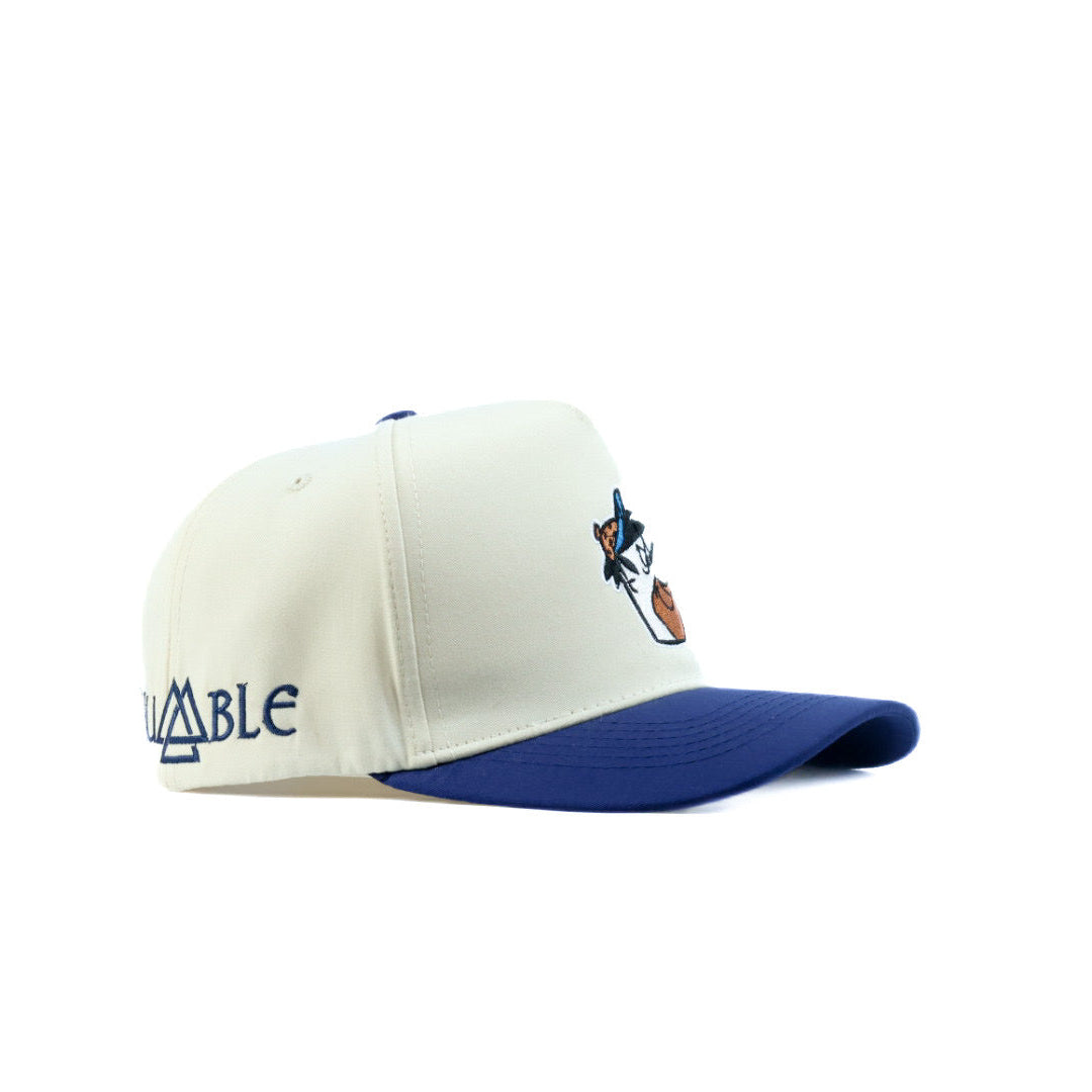 Beige and blue cap with a logo on a white background
