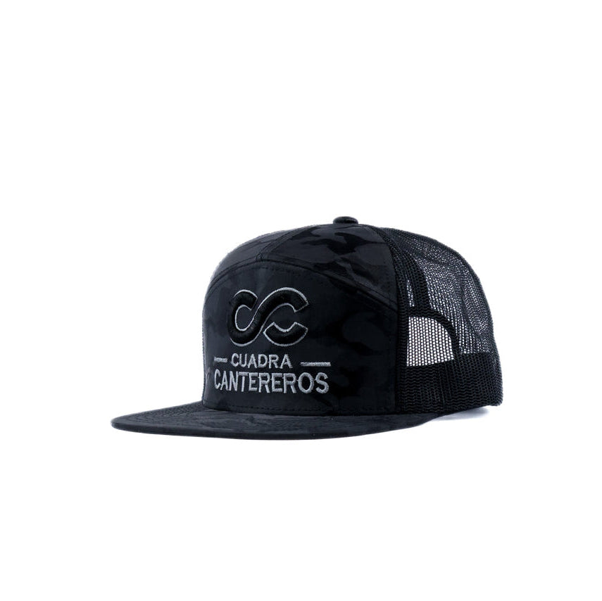 Black camo mesh cap with black and gray centereros logo