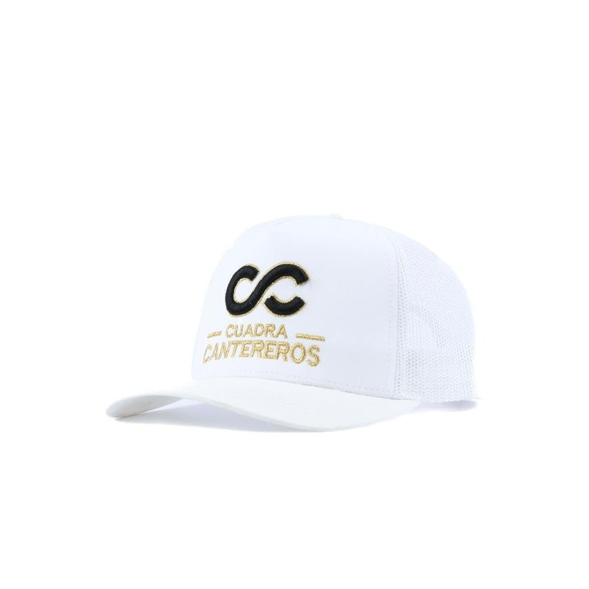 White mesh cap with black and gold cantereros logo