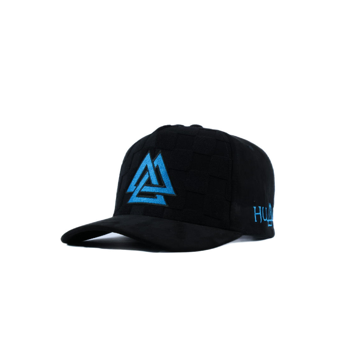 Black checkered Cap with blue and black logo 