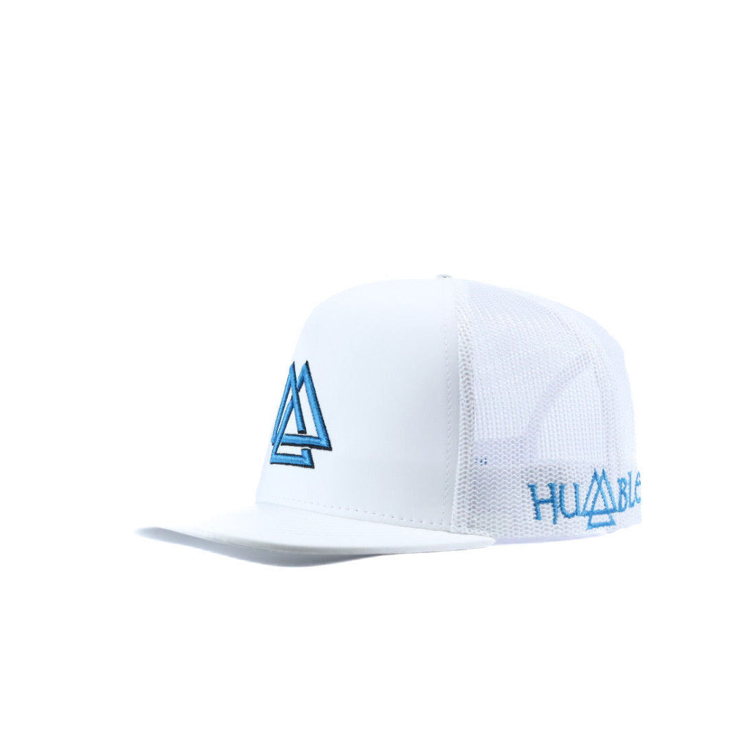 White cap with blue and black logo 