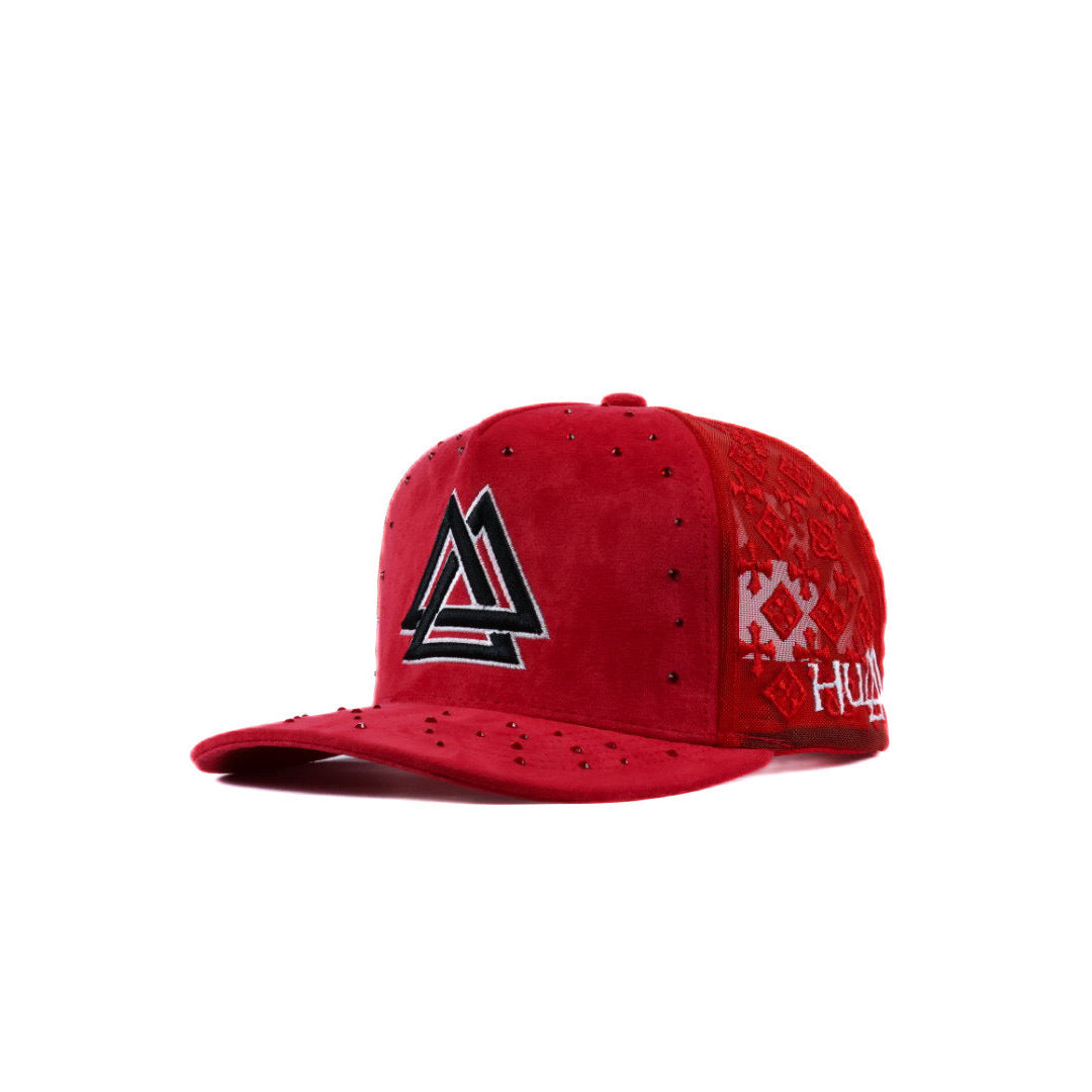 red cross mesh cap with black and white logo and rhinestones