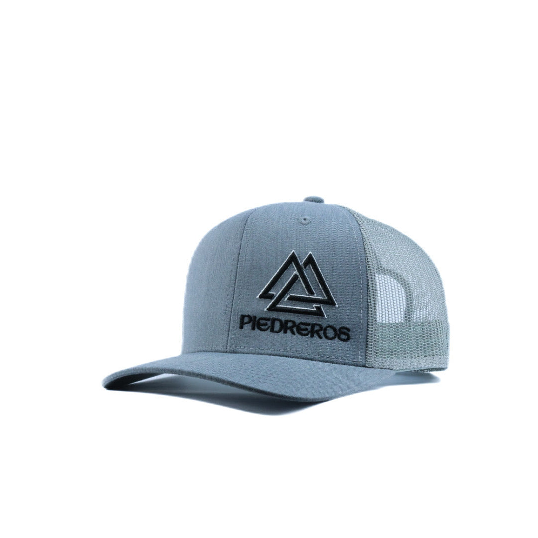 Gray mesh cap with black and white logo