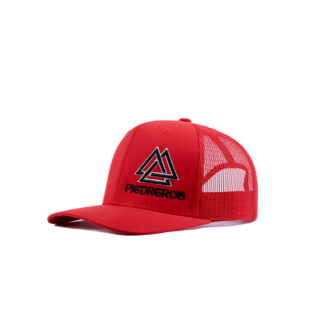 red mesh cap with black and white logo
