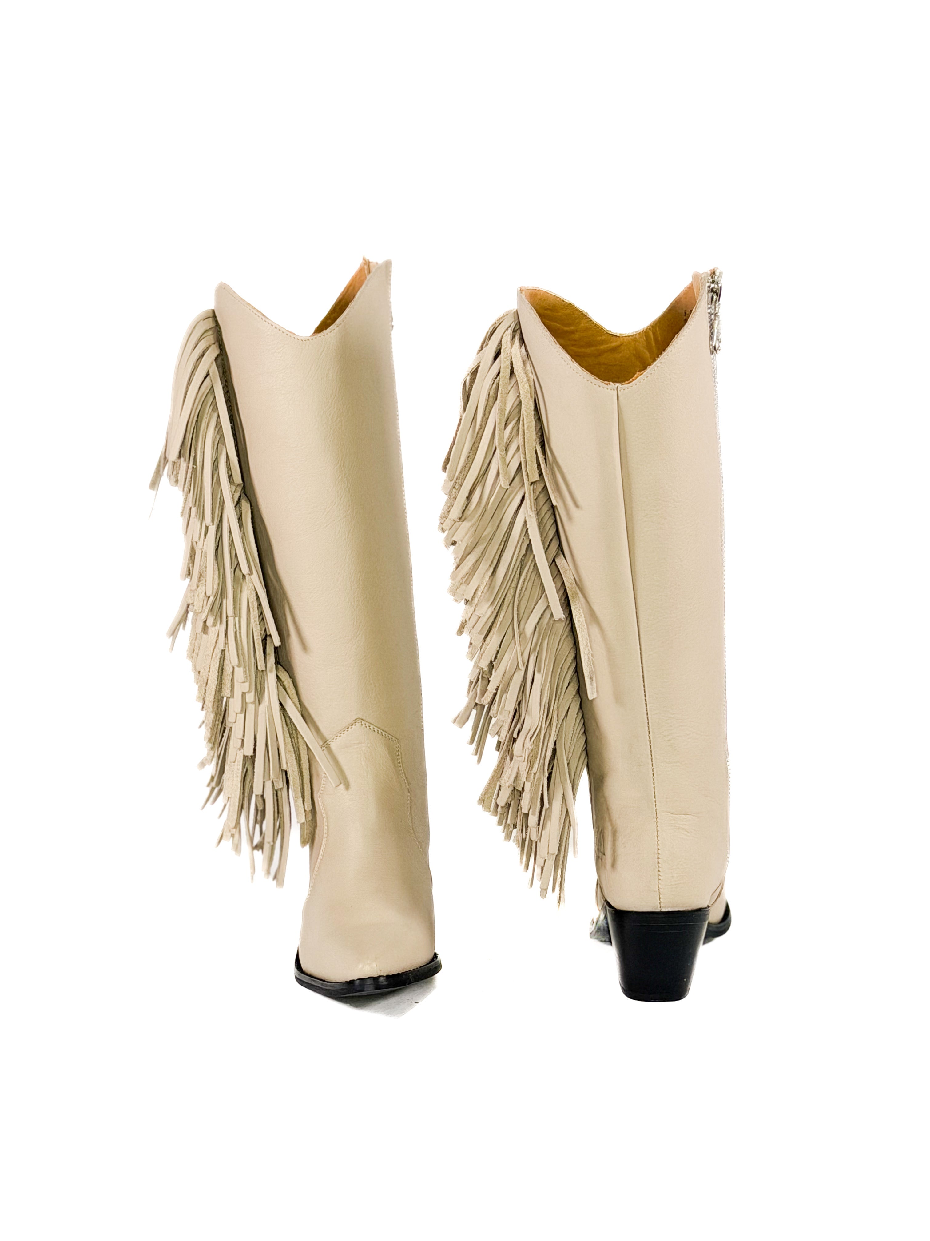 beige fringe zipper leather cowgirl boots