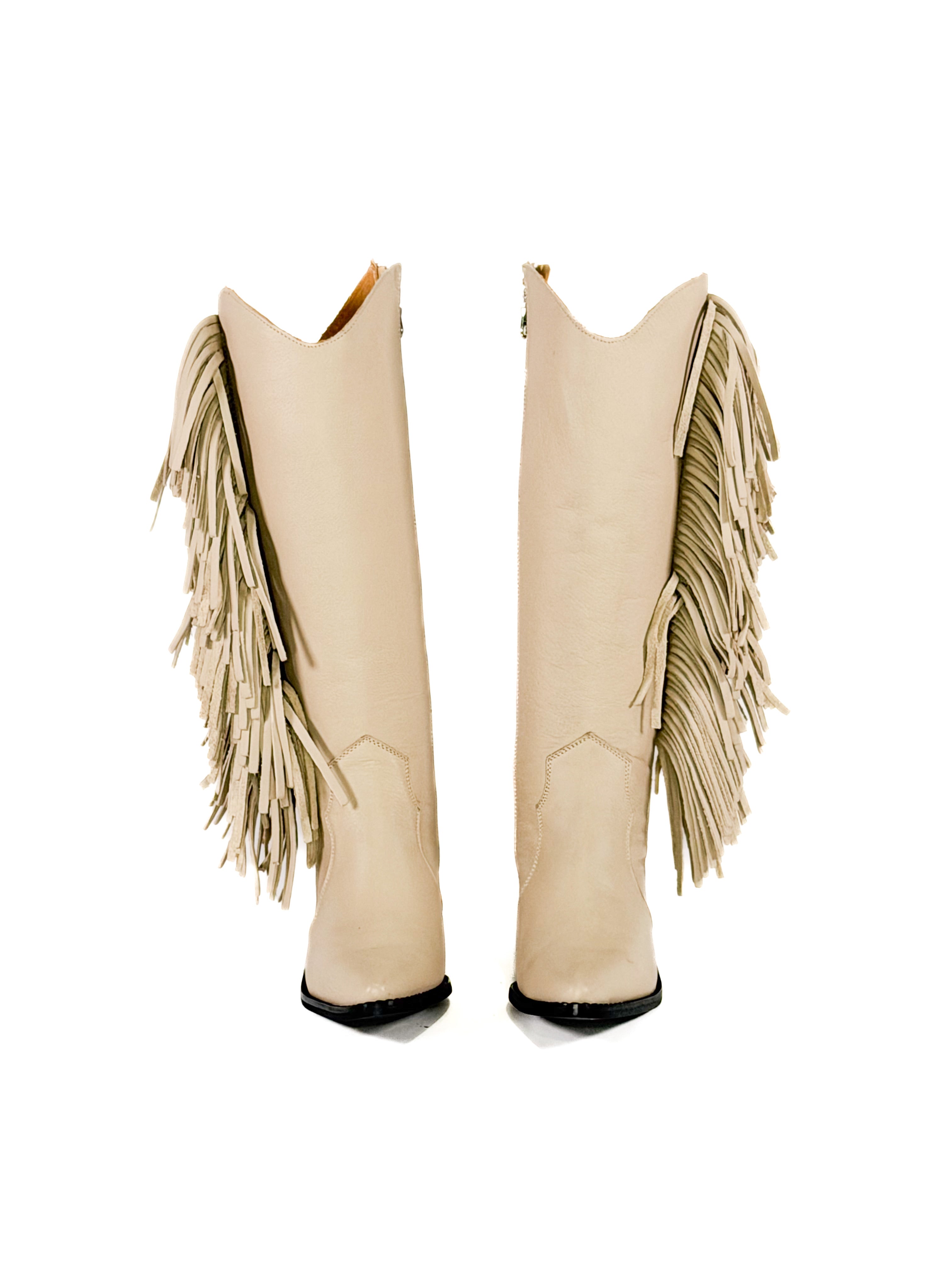 beige fringe zipper leather cowgirl boots