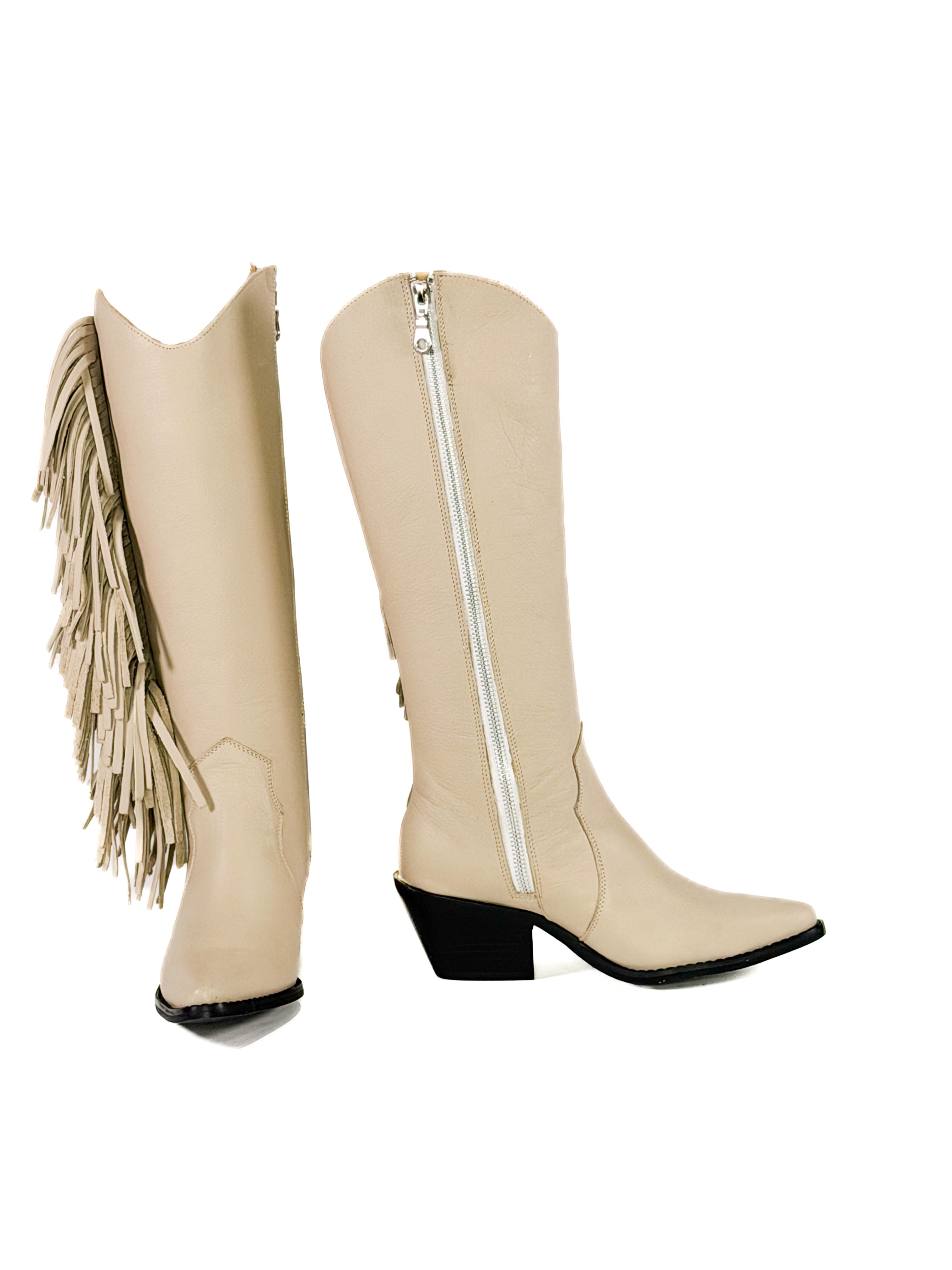 beige fringe zipper leather cowgirl boots