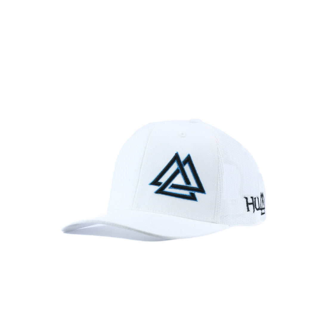White cap with a black and blue triangle  logo 