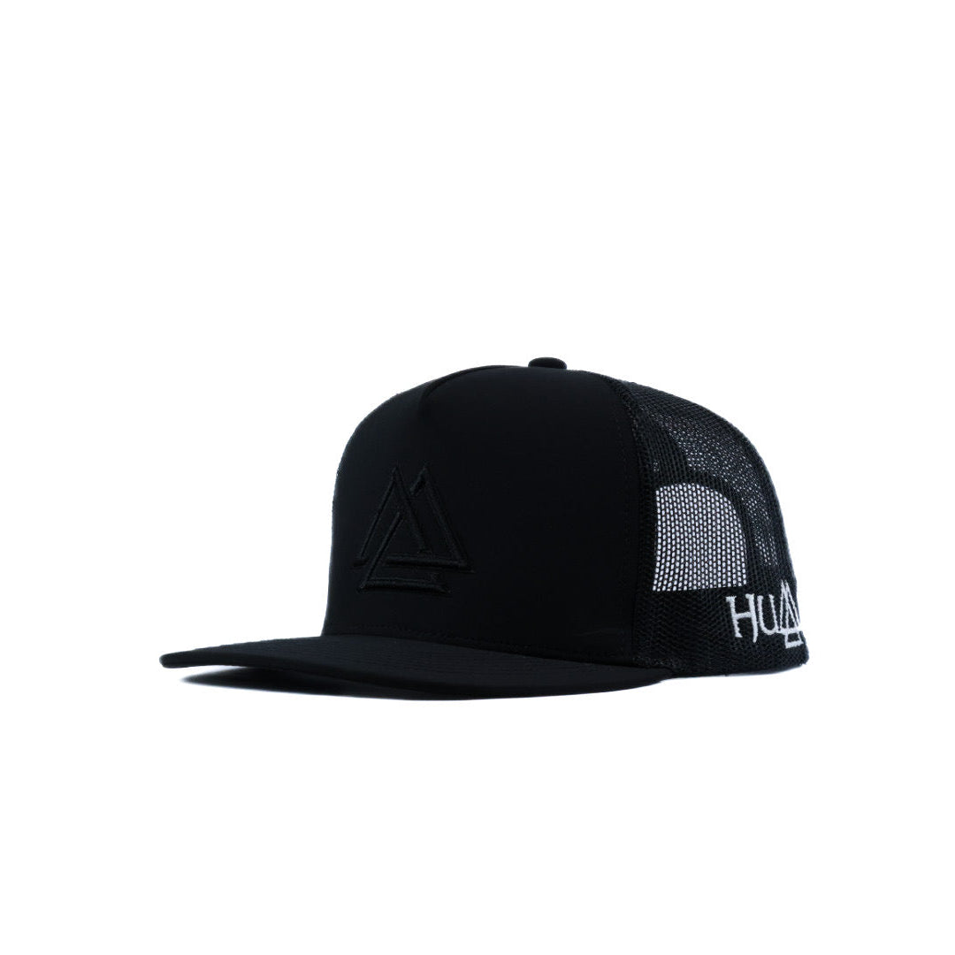 Black cap with mesh back and black logo