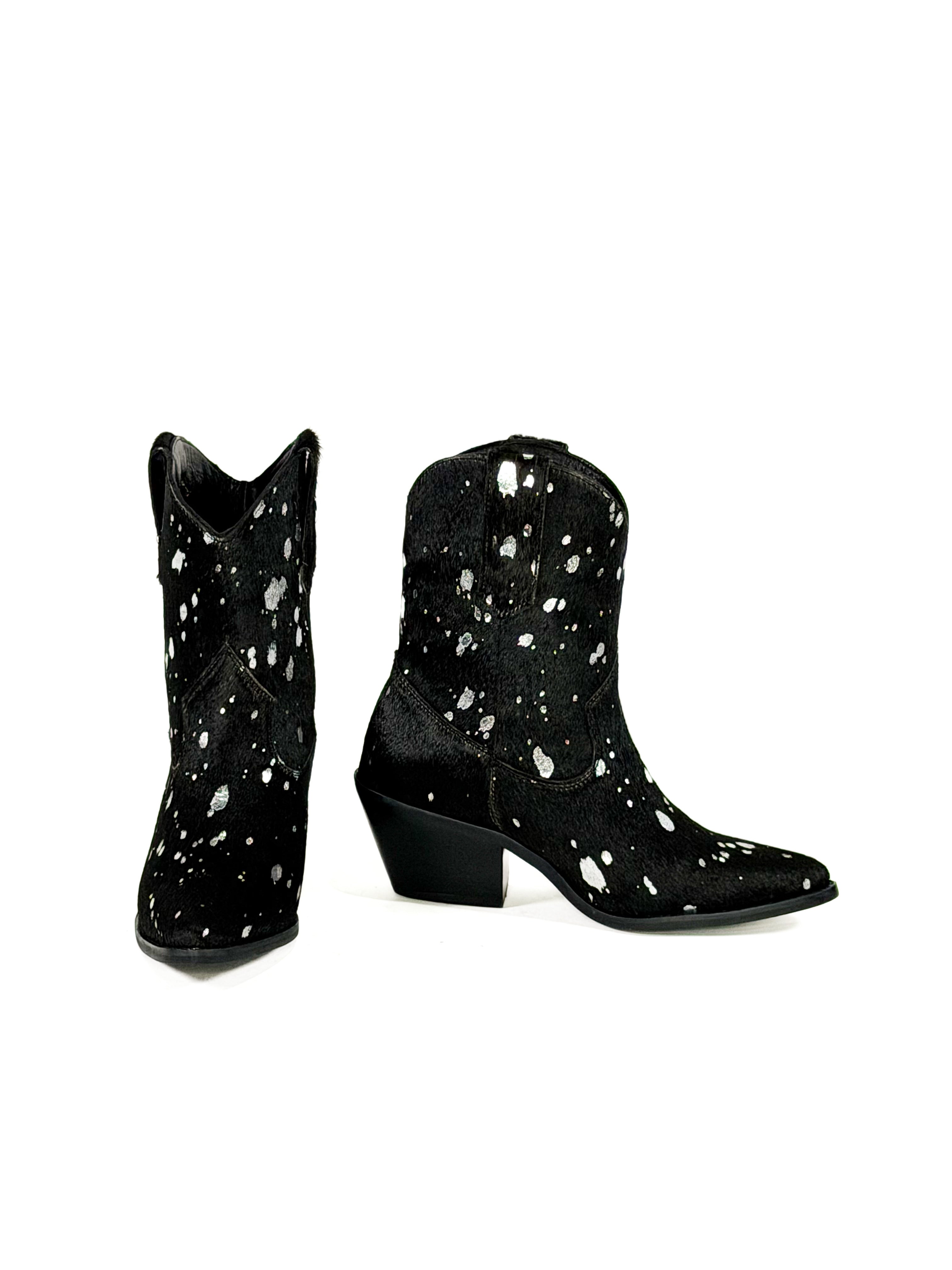 Black silver speck cowhide women’s booties 
