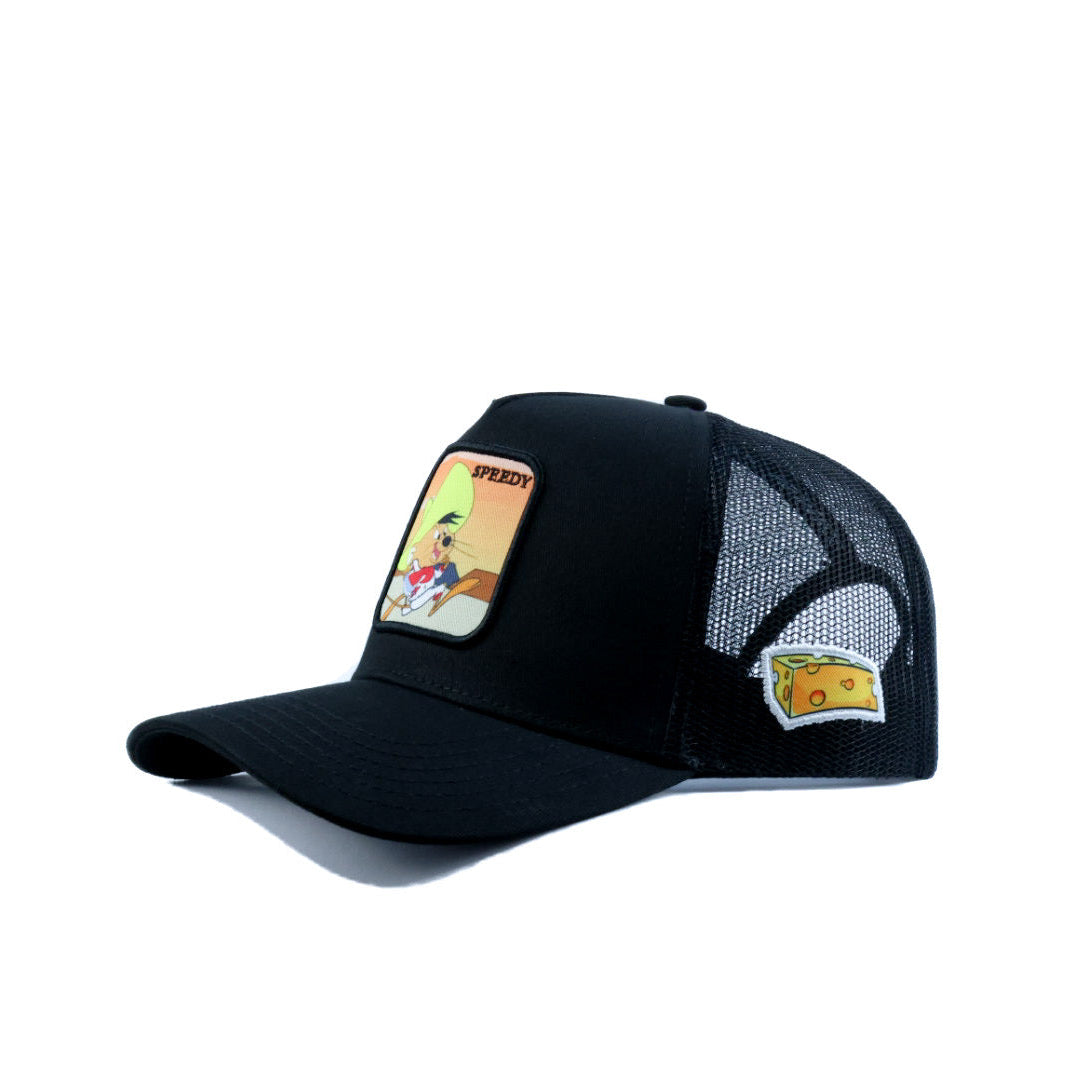 Black trucker cap with speedy patch and cheese patch