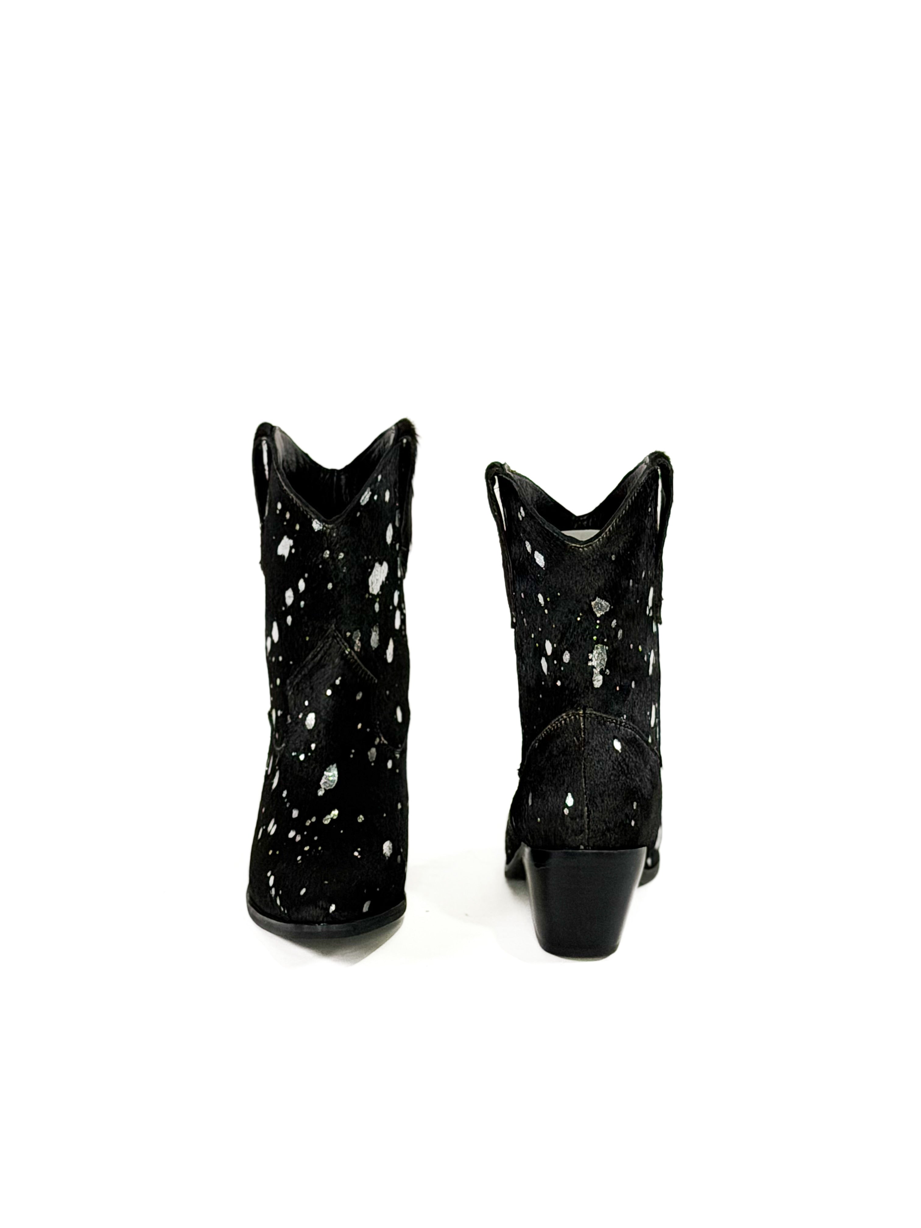 black silver speck cowhide cowgirl booties
