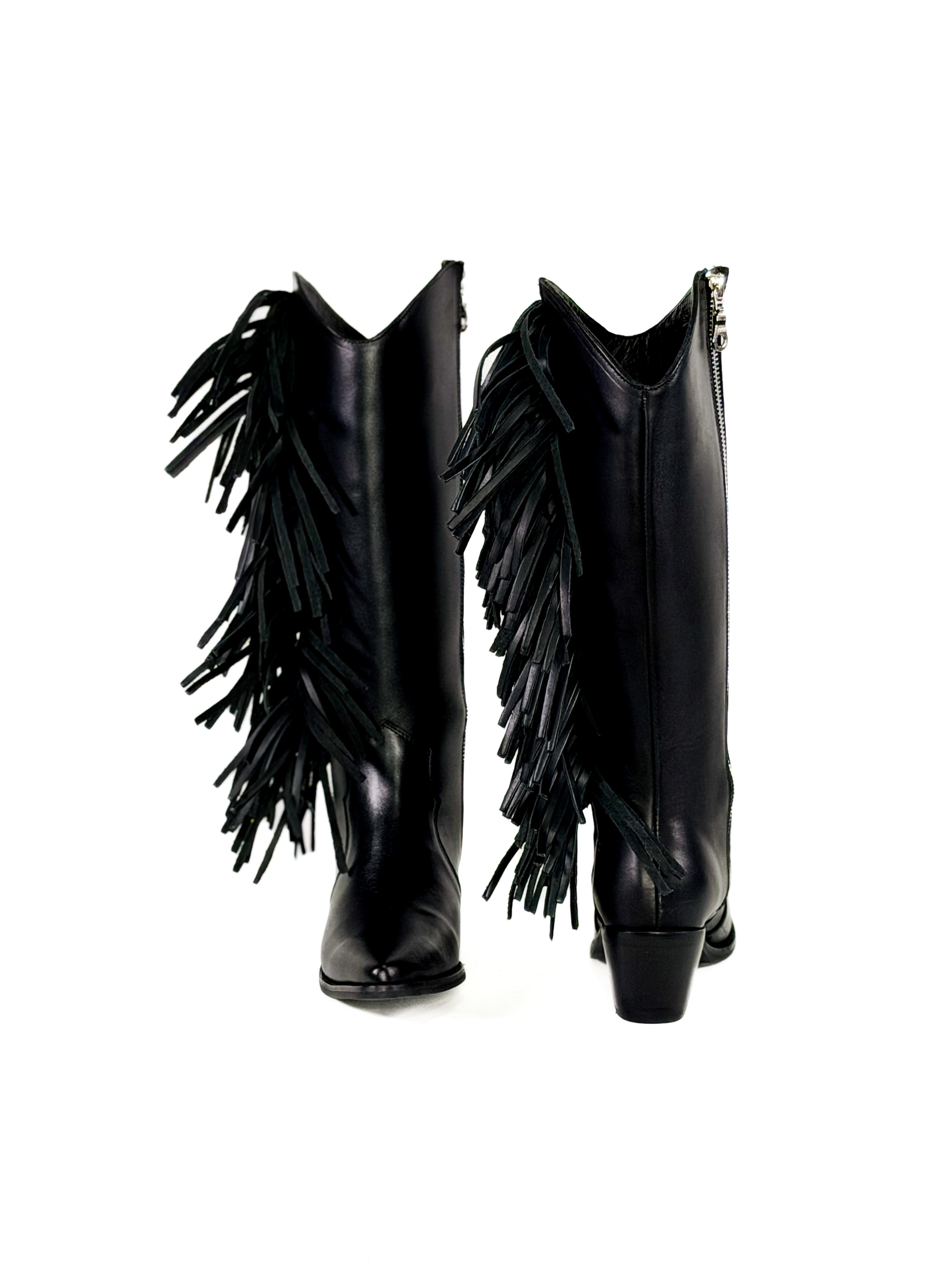 Black fringe zipper suede leather cowgirl boots 