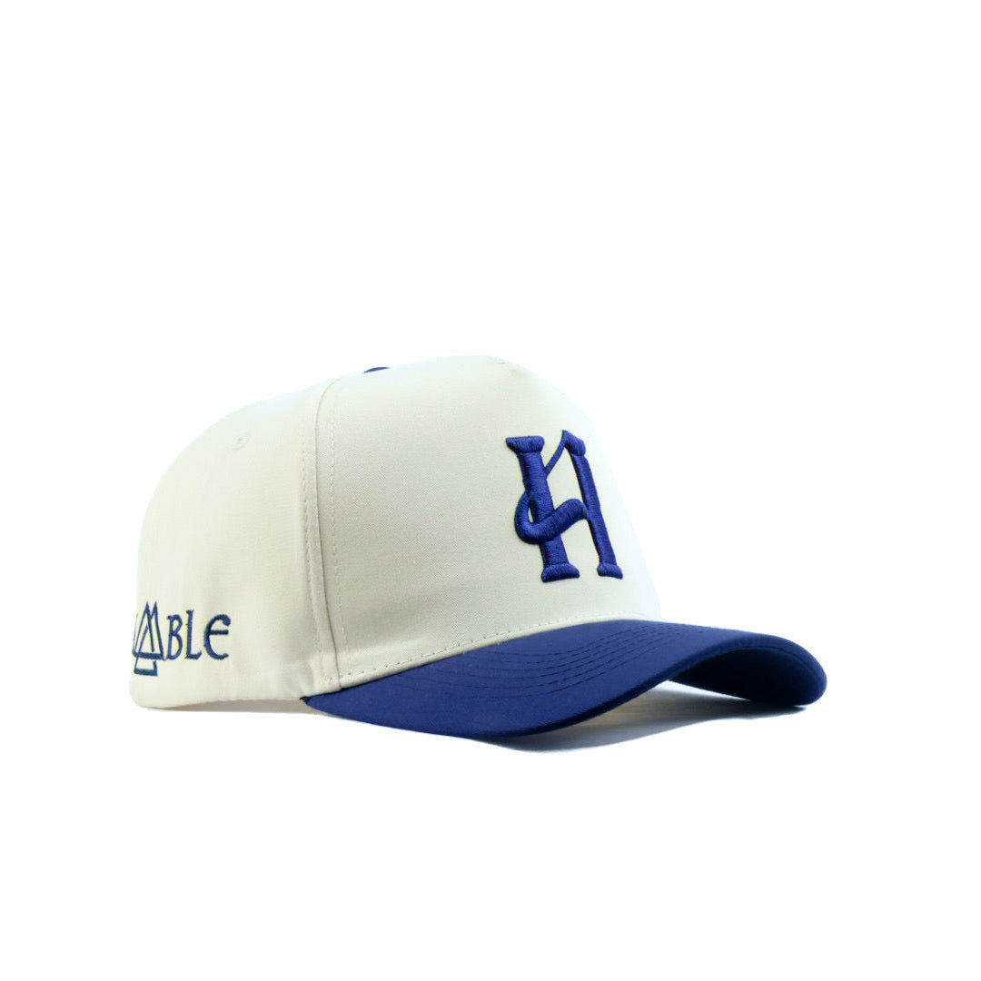 Two-tone cap with blue and white design on a white background