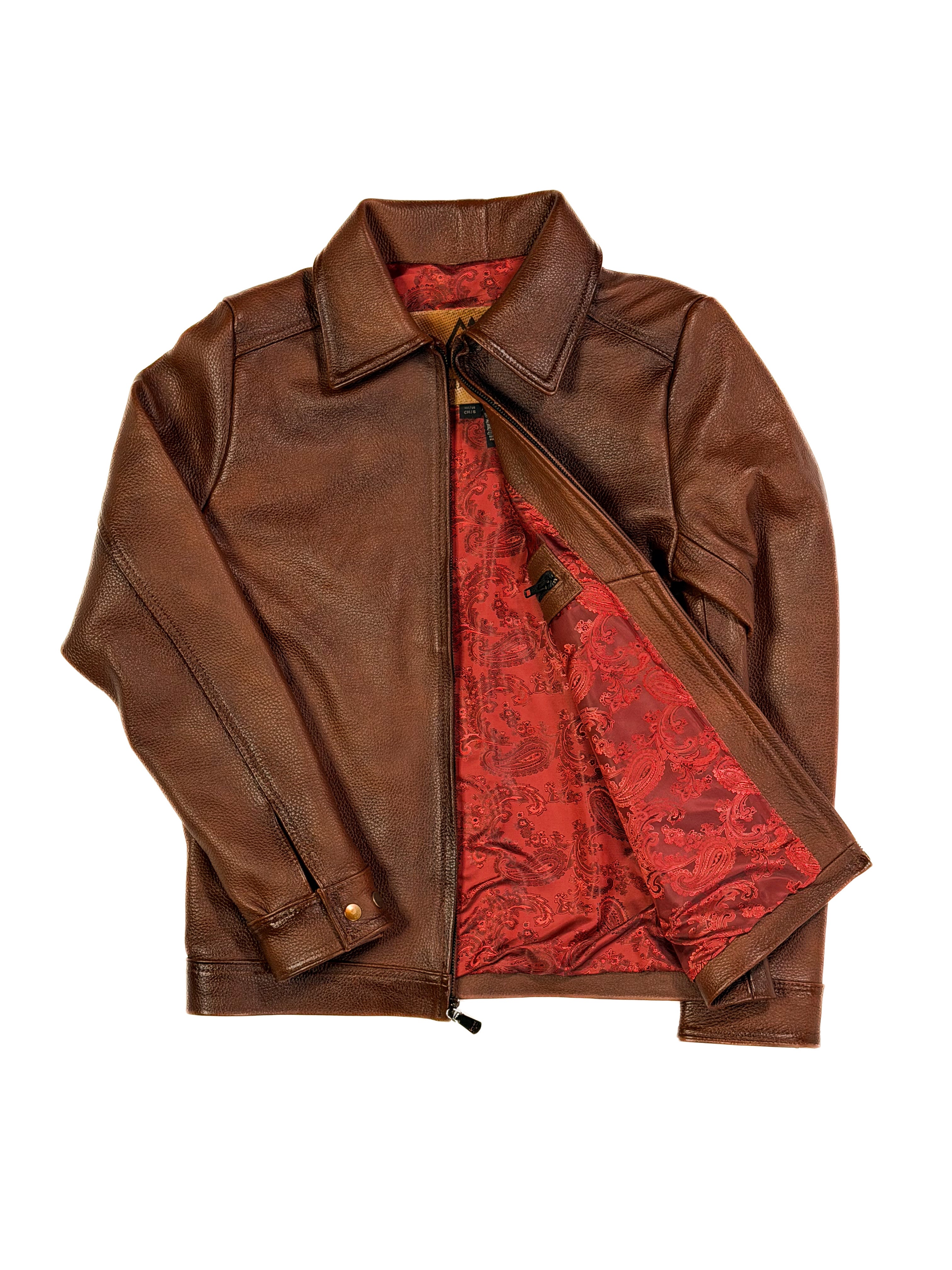 Plain Brown leather jacket with red interior lining 